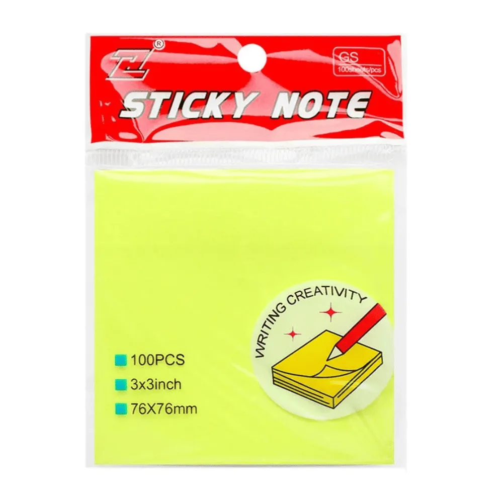 Клейкие листики "Sticky" 76 х 76 мм, неон-желтый, 100 листов
