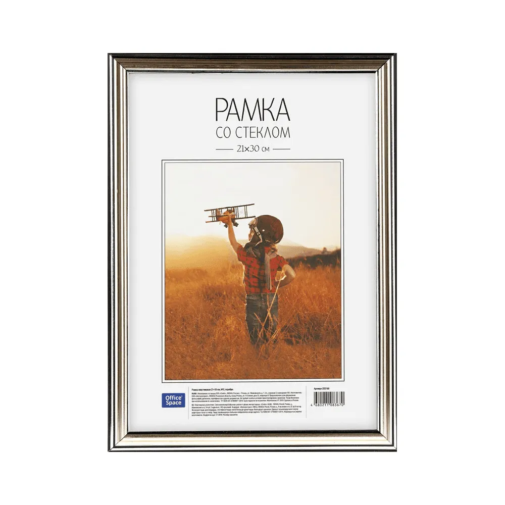 Рамка пластиковая, OfficeSpace, №2, серебро, стекло, 21х30 см