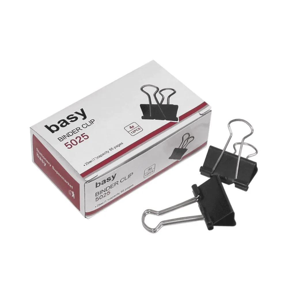 Зажимы для бумаг BASY, 25 мм, черные, (12 шт)