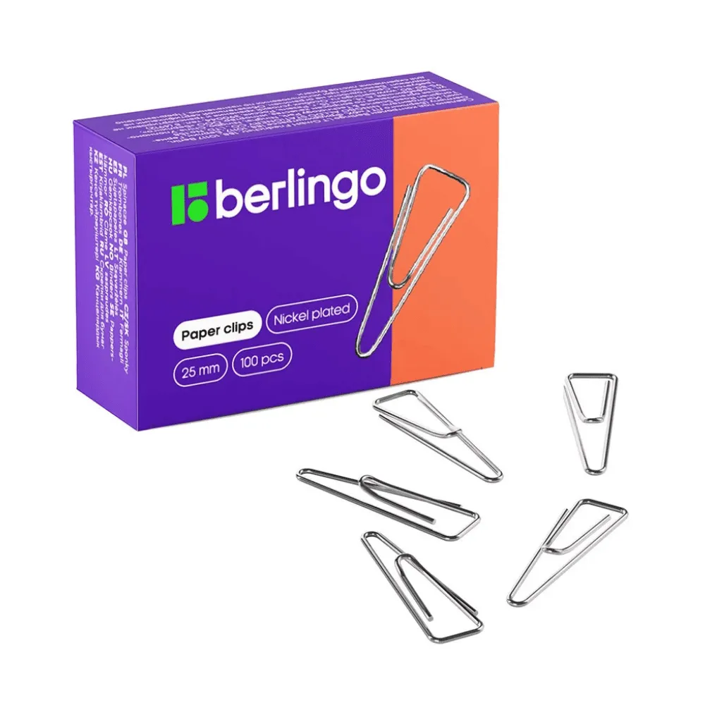 Скрепки BERLINGO 25 мм, никелированные, треугольные, 100 шт/упак