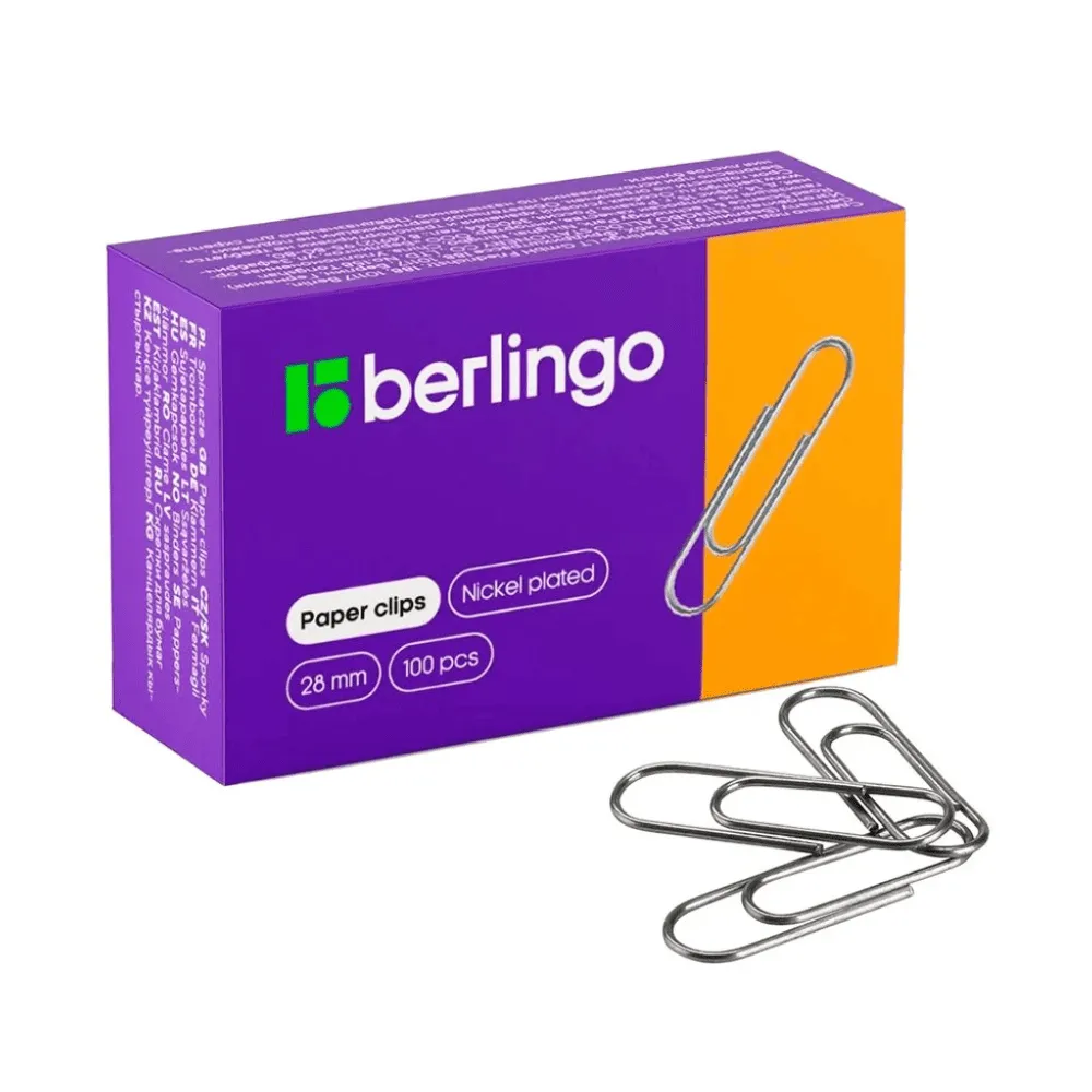 Скрепки BERLINGO 28 мм, никелированные, 100 шт/упак