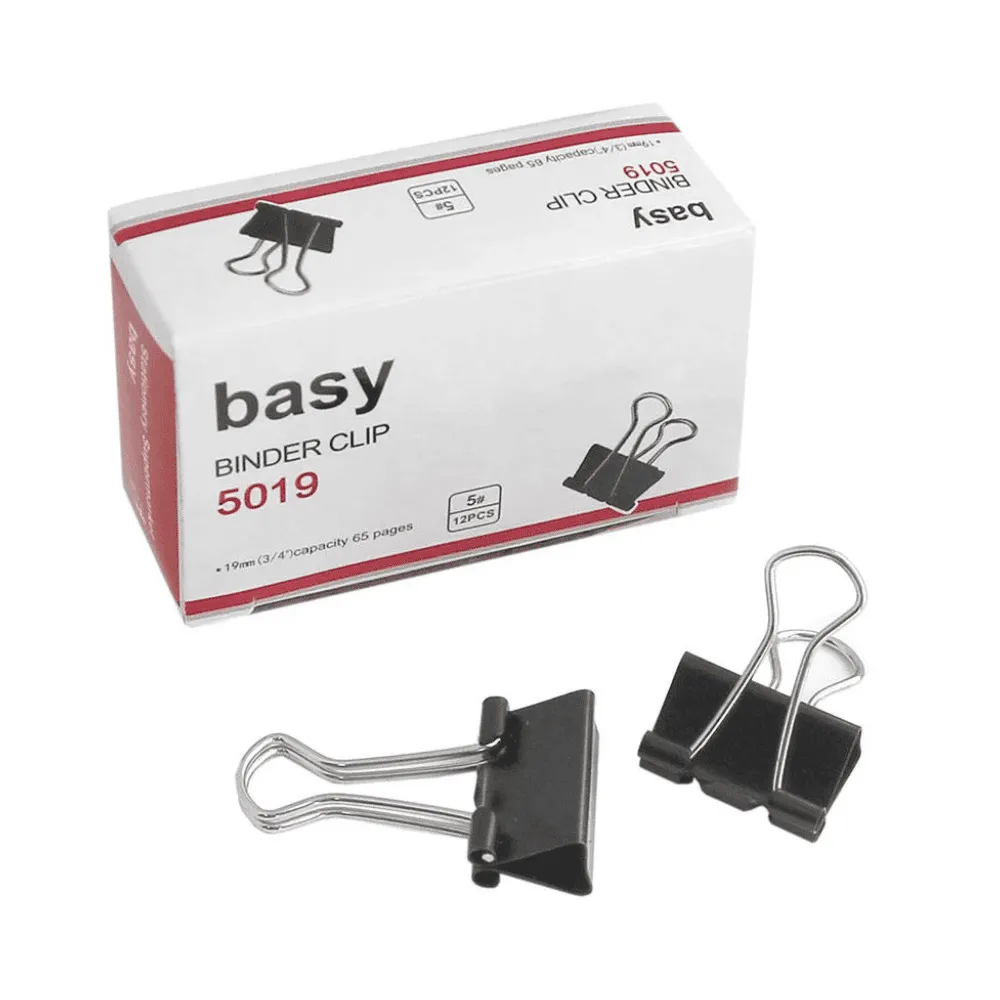 Зажимы для бумаг BASY, 19 мм, черные, (12 шт)