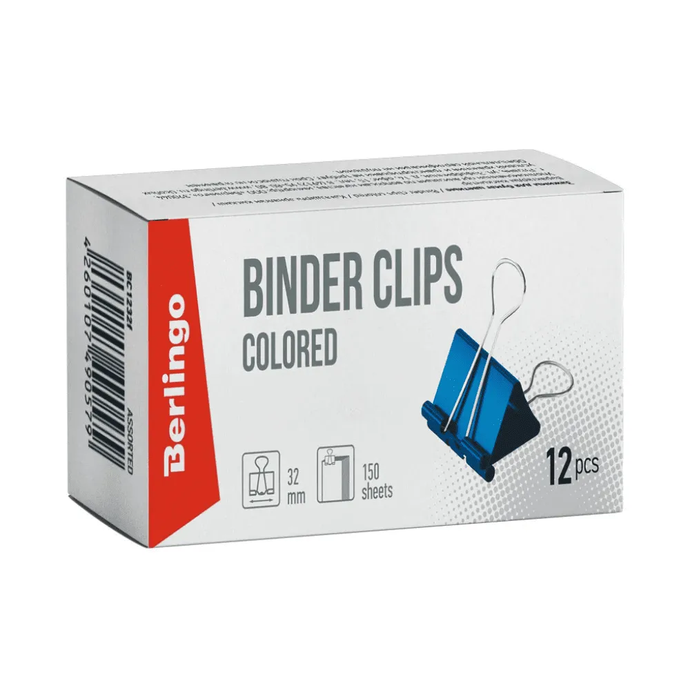 Зажимы для бумаг 32мм, Berlingo, 12шт., цветные, картонная коробка