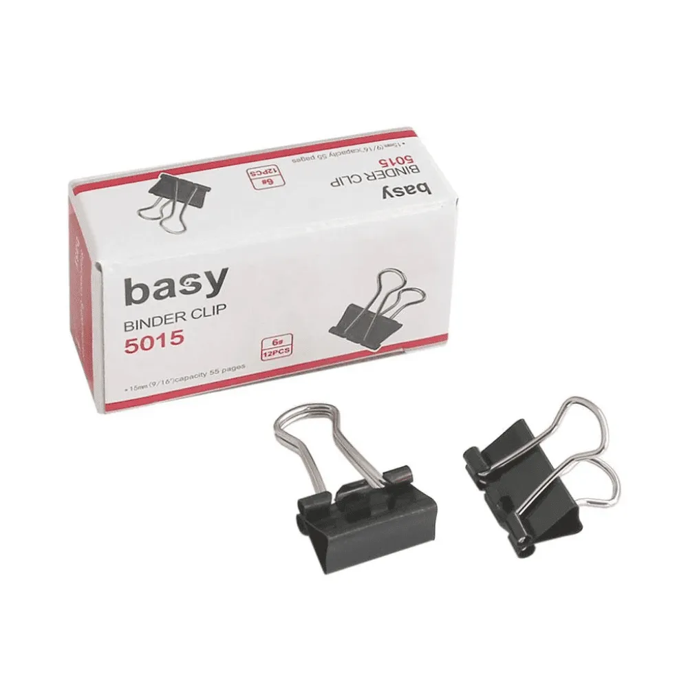 Зажимы для бумаг BASY, 15 мм, черные, (12 шт)