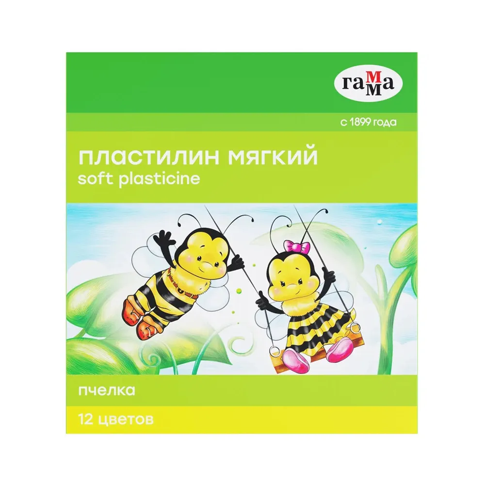 Пластилин восковой мягкий Гамма "Пчелка", 12 цветов, 180г, со стеком, картон. упак.