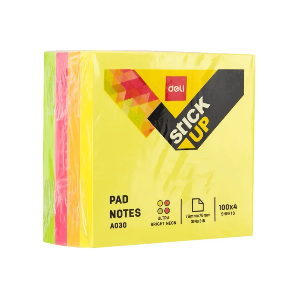 Клейкие листики DELI 76 х 76 мм, 4 неоновых цвета, 400 листов