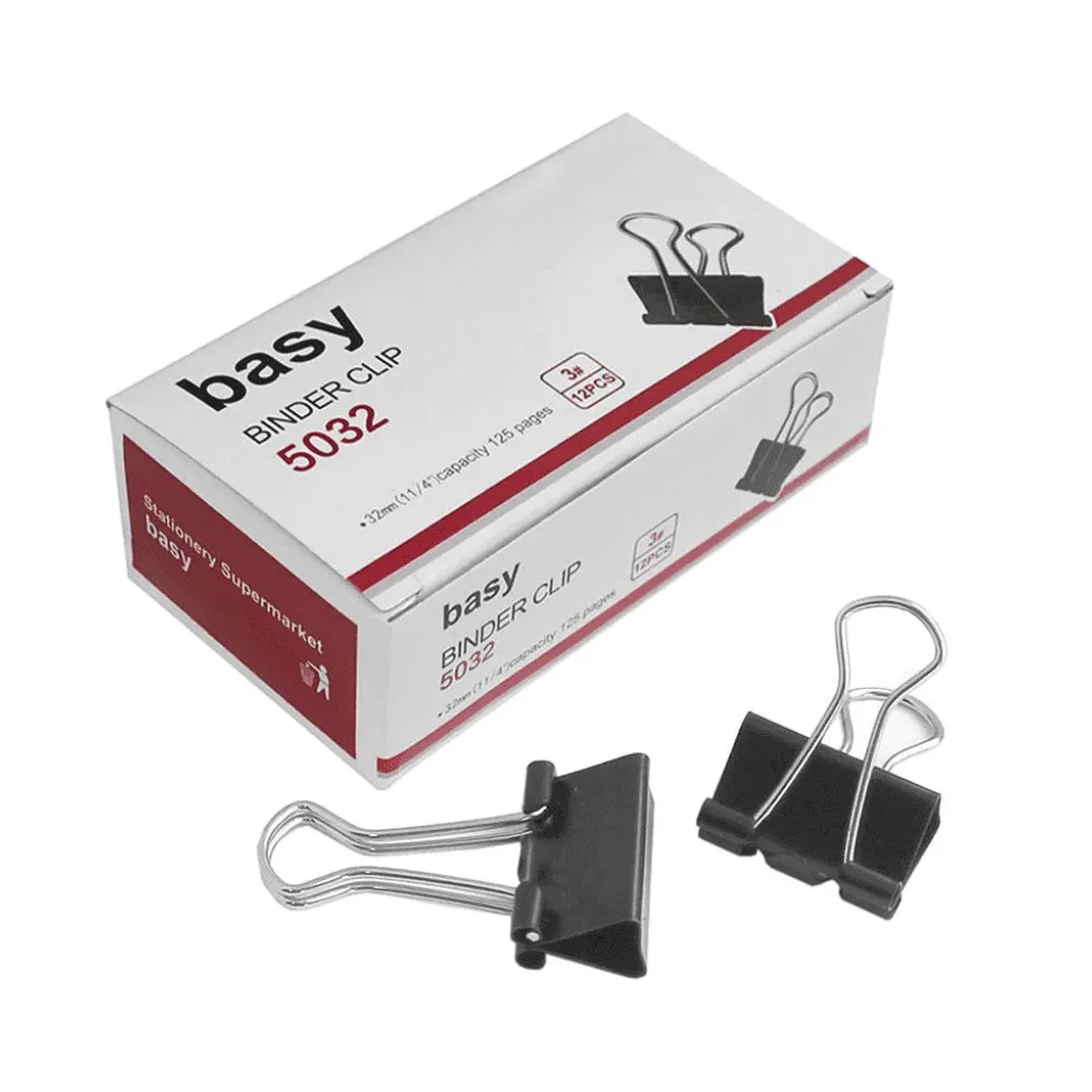 Зажимы для бумаг BASY, 32 мм, черные, (12 шт)
