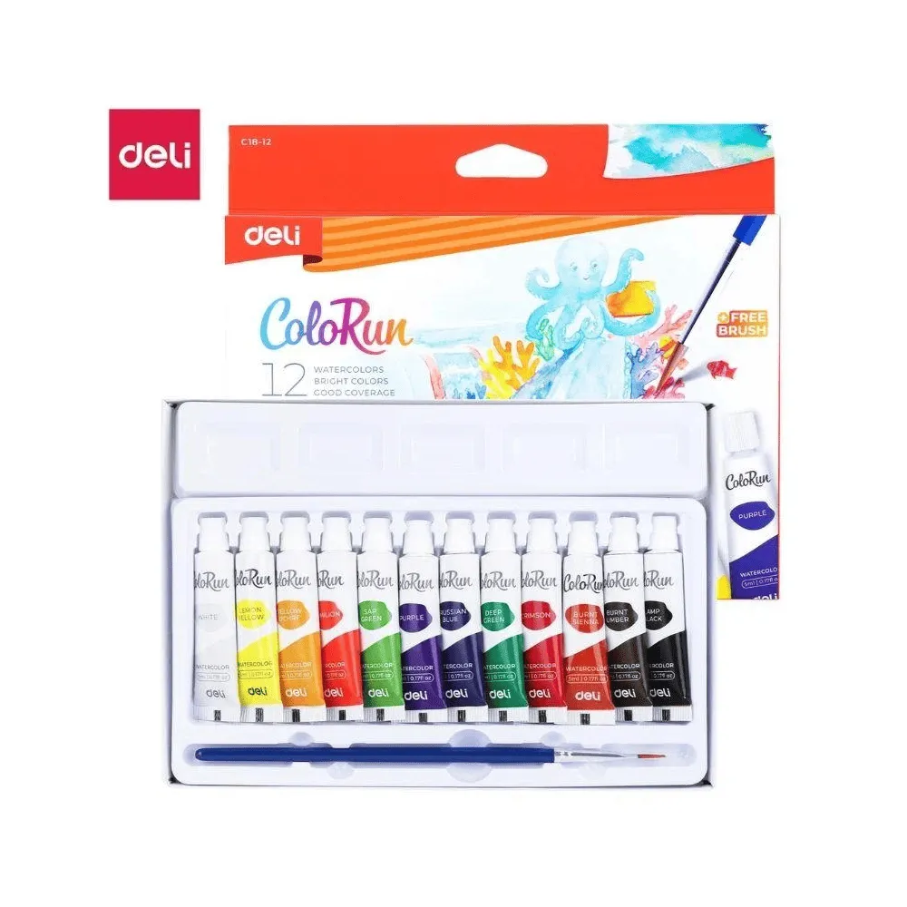 Краски акварельные DELI "ColoRun", художественные, 12 цветов в тубах по 5 мл.