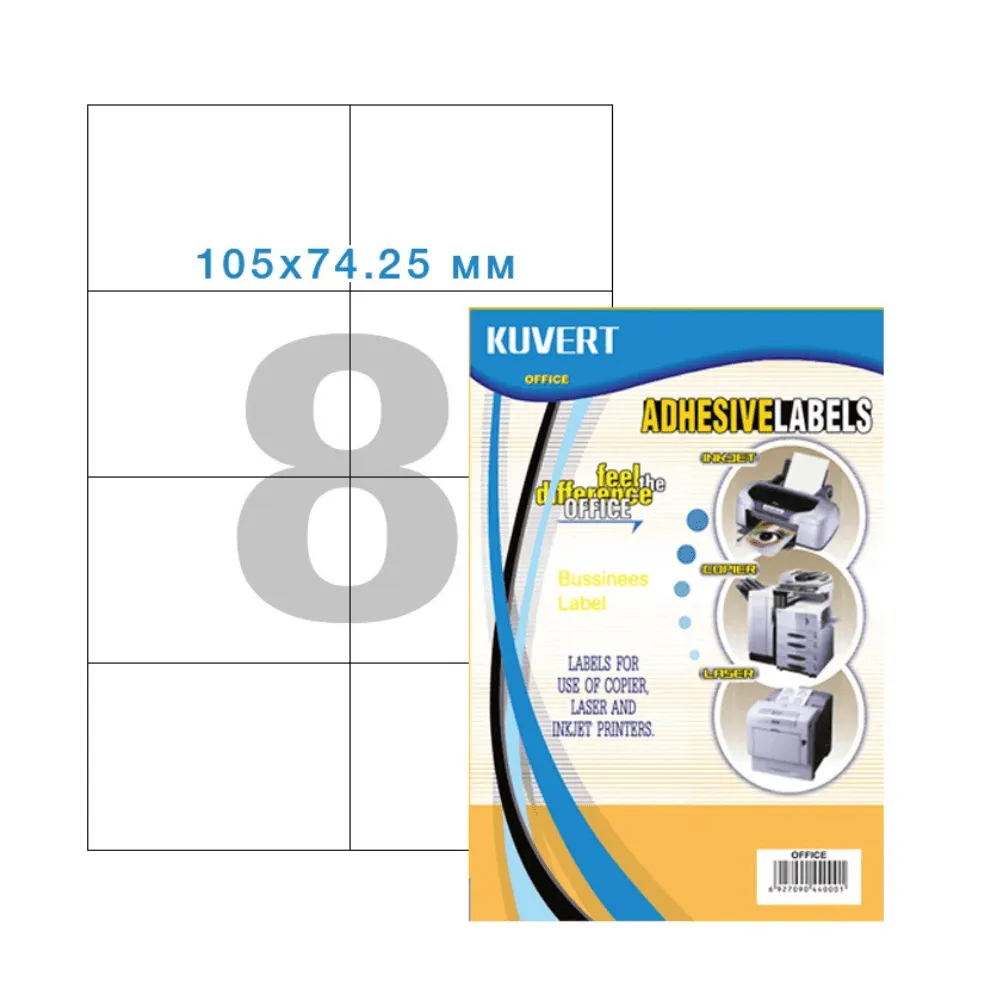Өздігінен жабыстырылатын жапсырмалар KUVERT, A4 форматы, 105 × 74,2 мм, 8 дана/парақ, 100 парақ.