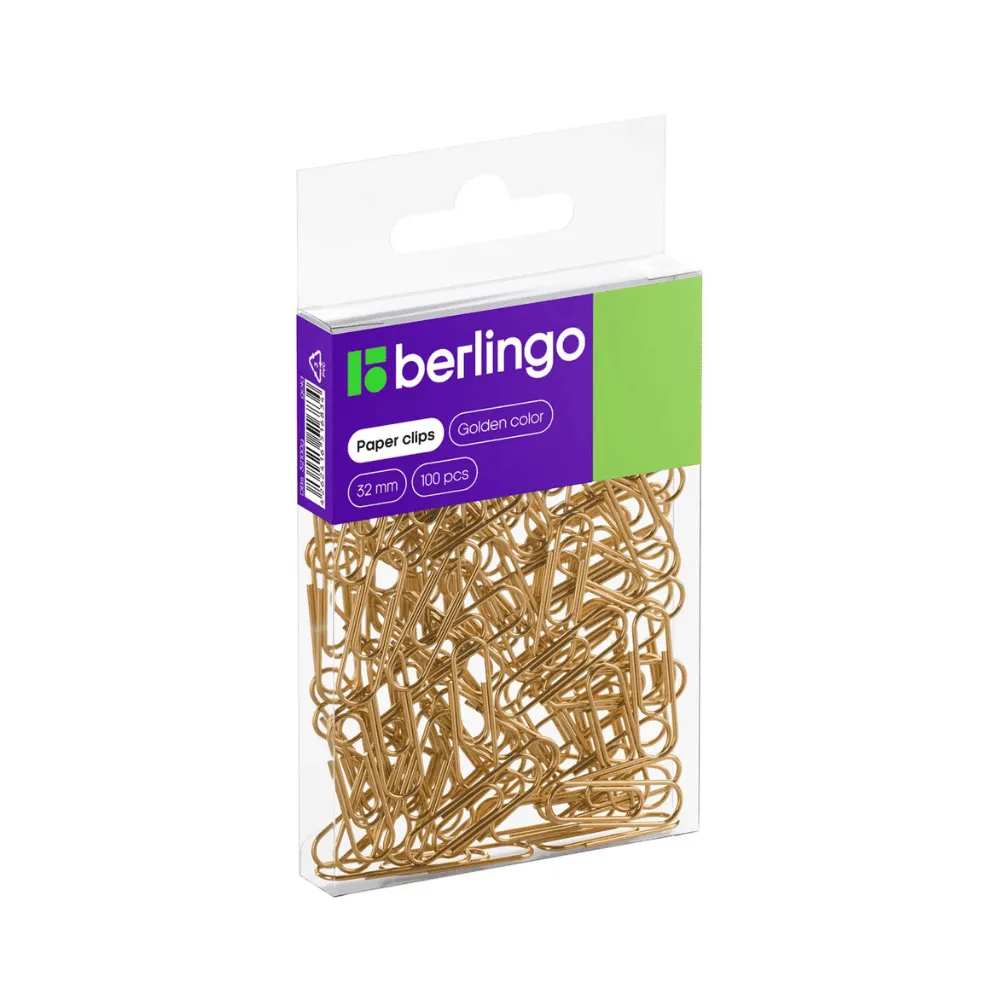 Скрепки 32мм, Berlingo, 100шт., ПВХ упак., европодвес, золото