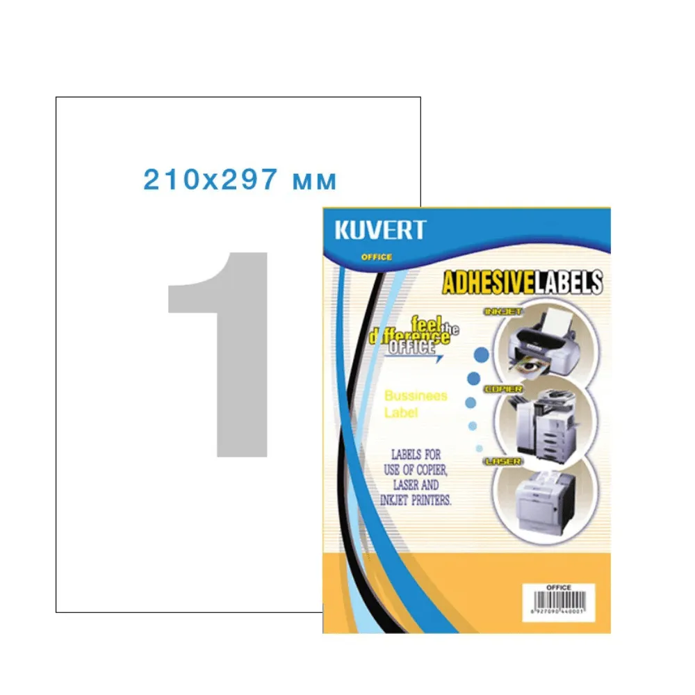 Өздігінен жабыстырылатын жапсырмалар KUVERT, A4 форматы, 210 × 297 мм, 1 дана/парақ, 100 парақ.