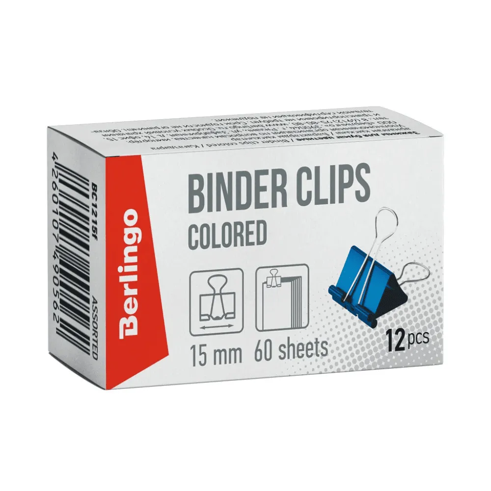 Зажимы для бумаг 15мм, Berlingo, 12шт., цветные, картонная коробка